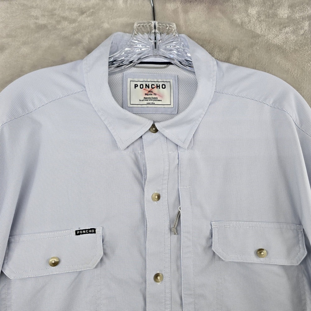 Poncho Fishing Shirt Mens XXL Blue Micro Grid Magnetic Pockets Long Sleeve